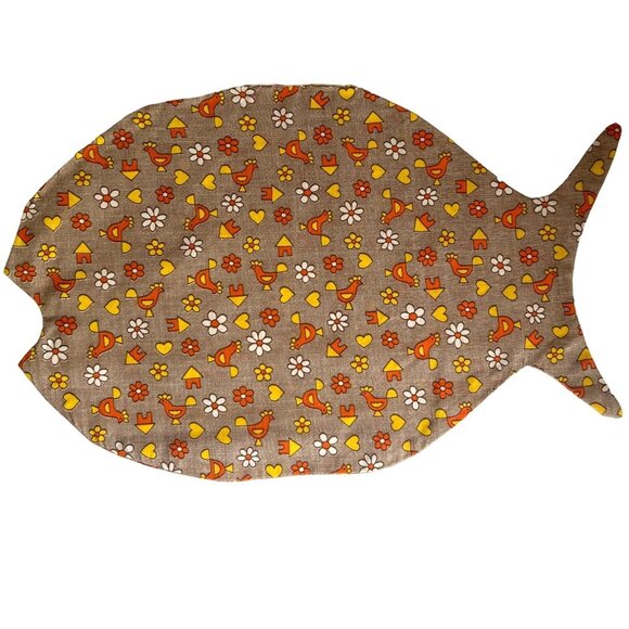 Set Of 4 Handmade Fish-Shaped Placemats Napkins With Chicken & Flower Print - Picture 2 of 7